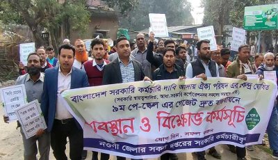 নওগাঁয় ৭ দফা দাবি বাস্তবায়নে সরকারি কর্মচারিদের বিক্ষোভ