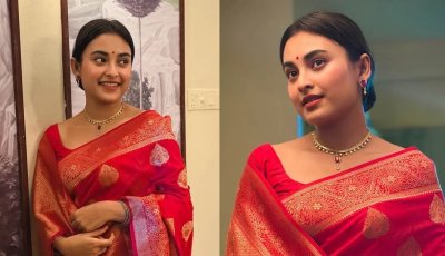 লাল শাড়িতে তটিনীর চোখজুড়ানো রূপ